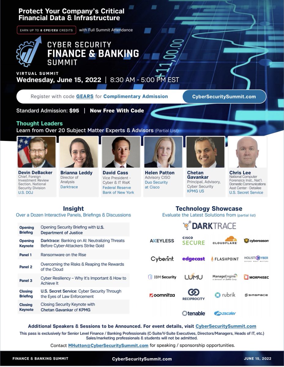 Cyber Security Finance &amp; Banking Summit
Up to 8 CPEs
Wednesday, June 15, 2022, 8:30 AM - 5:00 PM EST
Virtual Only