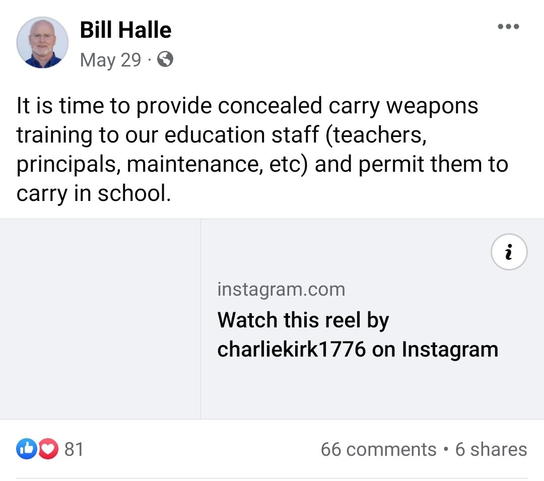 Bill Halle of the Butler Area School District Board wants to turn schools into war zones