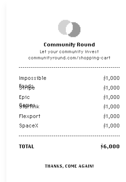 alaspera's tweet photo. I just went shopping for startups! 
@Wefunder 
Checkout my cart: 
Impossible Foods
Stripe
Epic Games
Starlink
Flexport
SpaceX

 https://t.co/lNHLH9d8tG #communityround https://t.co/66oDmcK9ig