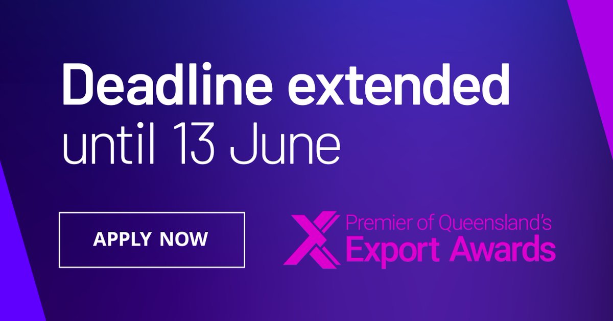 tradeinvestqld's tweet photo. Deadline extended: Applications for the Premier of Queensland’s Export Awards are now closing on Mon 13 June. Apply today: https://t.co/cxkE1enEh3

#QldEA2022 #qldexportawards #tiq #tradeinvestqld @Austrade https://t.co/CRRziTI3pC