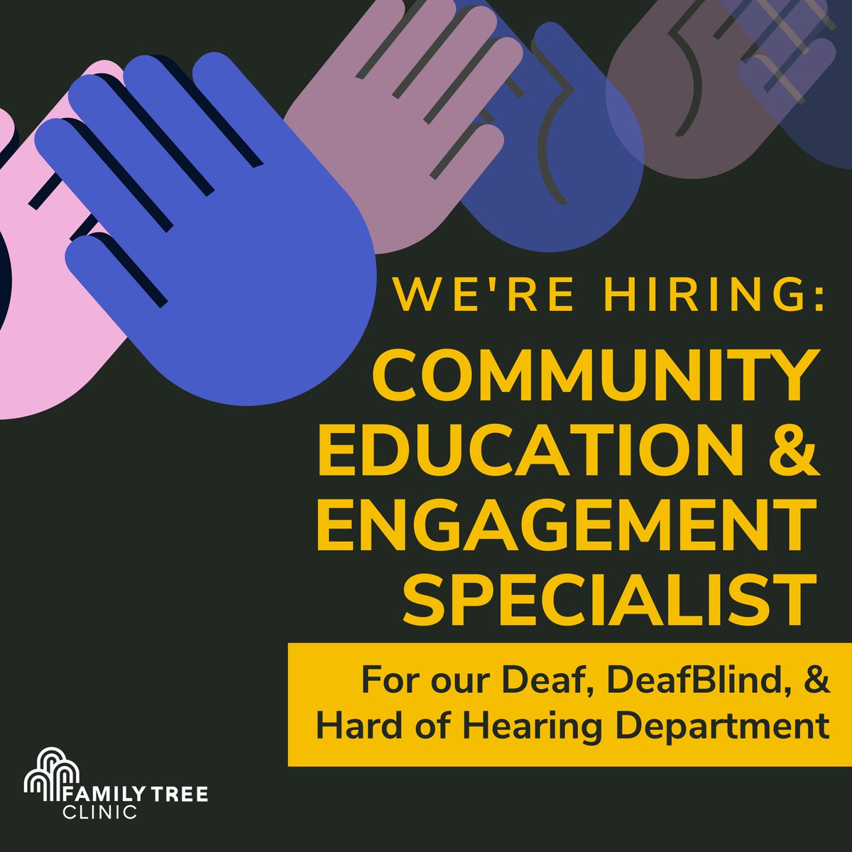 We are still looking to hire a passionate sexual and reproductive health educator working with Deaf, DeafBlind, DeafDisabled, Hard of Hearing, and Late-Deafened (DDBDDHHLD) communities. 

For more information, visit: familytreeclinic.org/about/work/