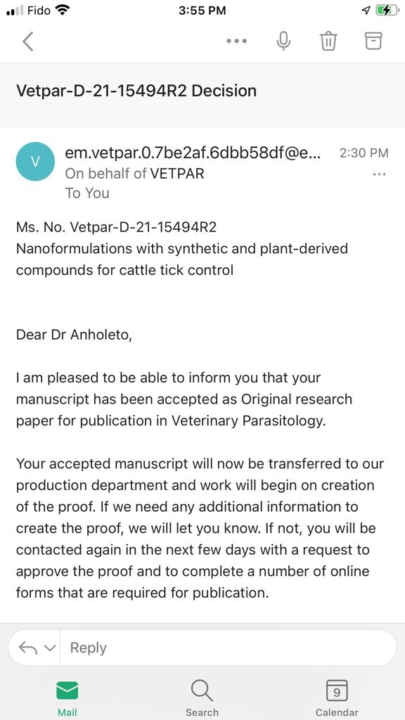 I'm very happy to share that our paper 'Nanoformulations with synthetic and plant-derived compounds for cattle tick control' has been accepted for publication in Veterinary Parasitology @laura_pickett7 @embrapa @AcadiaU @Unesp_Oficial  #ticks #Science