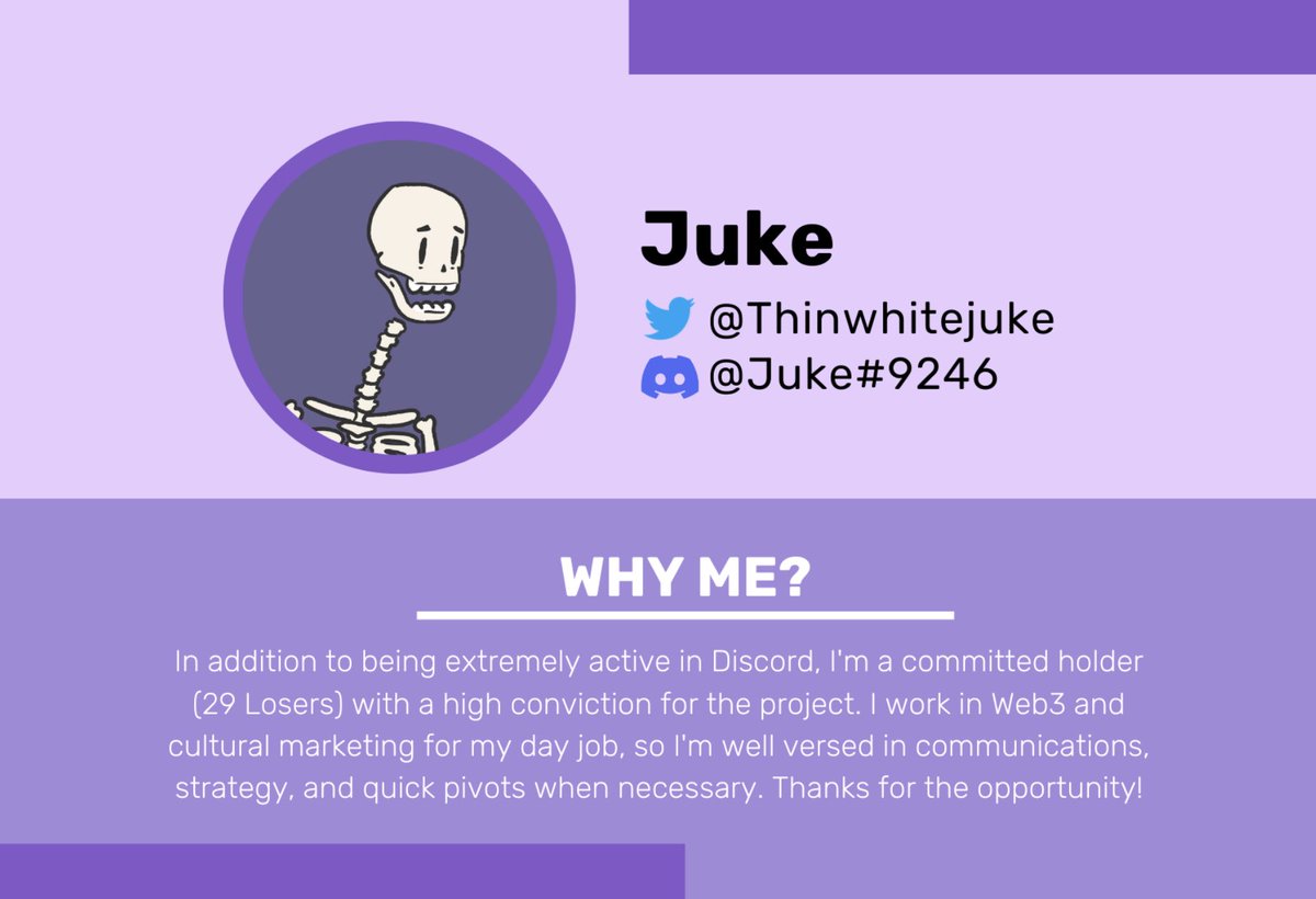 thinwhitejuke's tweet photo. If you follow me, you know my love for the @loserclubreborn project. I’m up for one of the new Community Leader positions. Whether or not you vote for me, you should go vote in Discord!

My #1 goal: I want to increase communication between the community and the founding group. https://t.co/RjpZvhBlI5