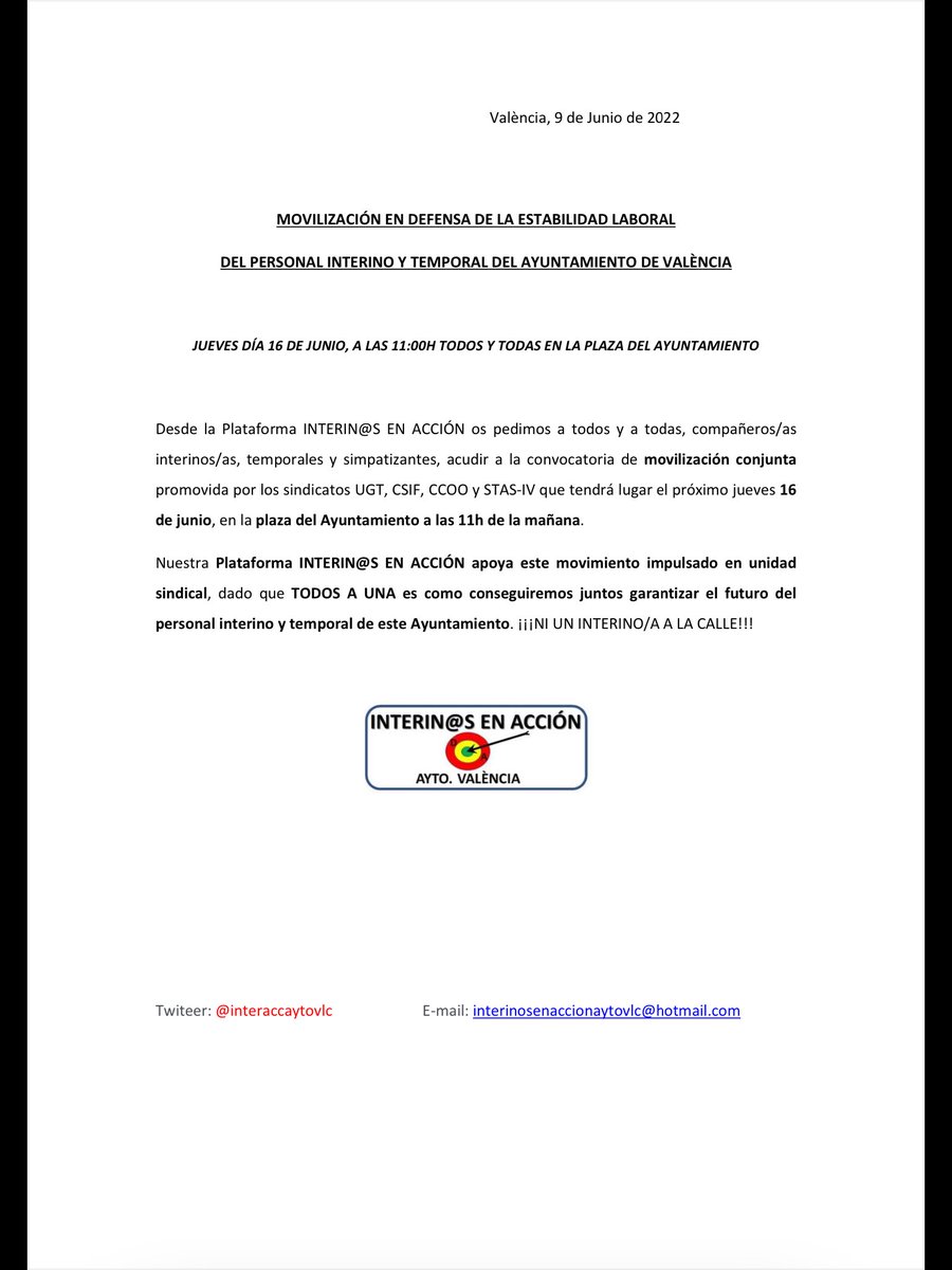INTERACCAYTOVLC's tweet photo. 📢📢🎯🎯16 de junio, en la plaza del Ayuntamiento a las 11h de la mañana.
INTERINOS EN ACCIÓN 
@INTERACCAYTOVLC apoya movimiento impulsado en unidad sindical. TODOS A UNA !!  ¡¡¡NI UN INTERINO/A DE @AjuntamentVLC A LA CALLE!!!📢📢🎯🎯
@LuisaNotario @ceppt2021 https://t.co/fpJR7Ut27x