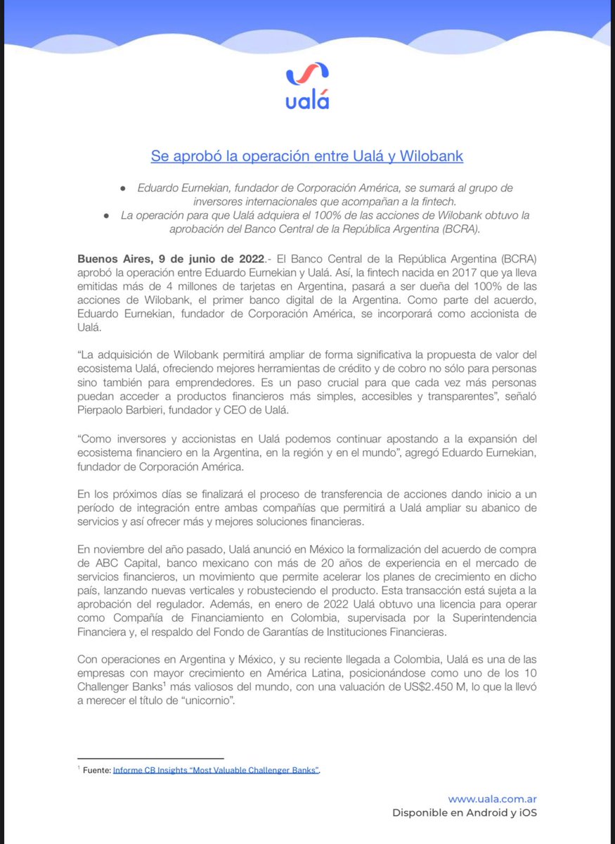 Hoy en <a href="/uala_arg/">Ualá Argentina</a> celebramos la aprobación del <a href="/BancoCentral_AR/">BCRA</a> a nuestra operación con @Wilobank. Un GRAN hito. Nos permitirá seguir construyendo el mejor ecosistema financiero del país - y LatAm. Más abierto, inclusivo, competitivo.
Hoy más que nunca: lo mejor está por venir💪