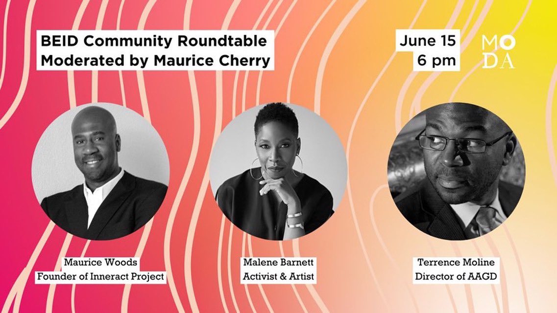 aagd_co's tweet image. Next Wednesday, join @revisionpath’s #MauriceCherry as he moderates a community roundtable with #designluminaries from the book, #TheBlackExperienceinDesign:

@inneractproject, @malenebatelier &amp;amp; @tmoline will be on deck with Cherry as part of @modatl&apos;s #DesignJustice series 👌🏾🙌🏾
