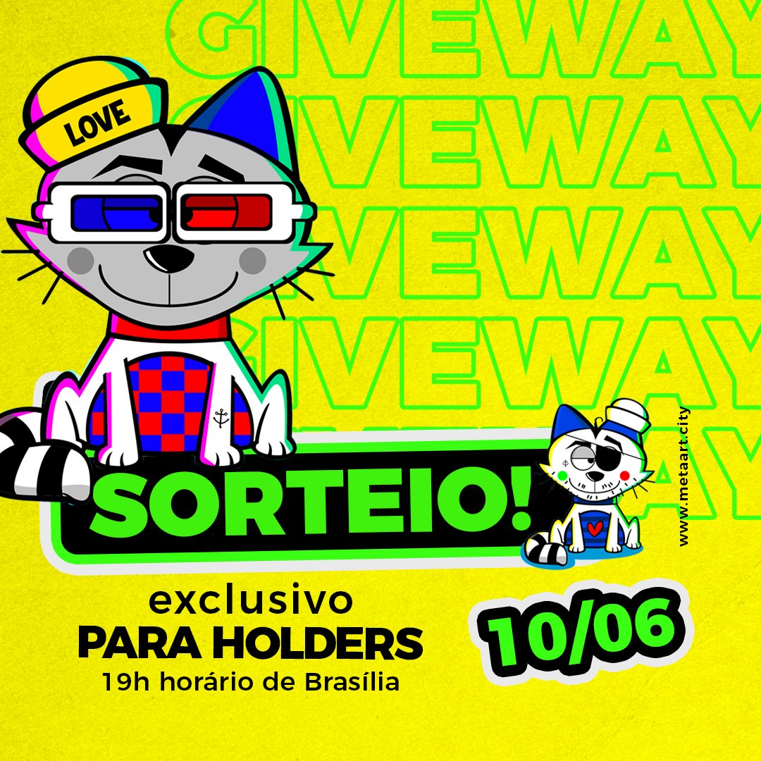 Atenção, holders! Amanhã (10/06), às 19h no horário de Brasília, acontece o nosso primeiro sorteio de entrega de benefícios lá no Discord! Corre que ainda dá tempo de garantir o seu gato e participar do sorteio! Link do nosso canal: discord.com/invite/T4uaXD4… 😼🔥