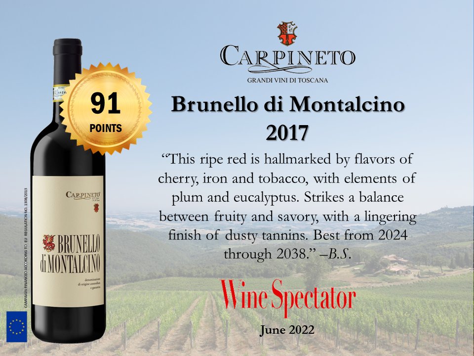 Indulge in a full, balanced wine featuring a bouquet of fruity flavors and aromas. Recently rated 91 points, Brunello di Montalcino from <a href="/CarpinetoWines/">carpinetowines</a> pairs beautifully with hearty fare such as roasts and grilled red meats.