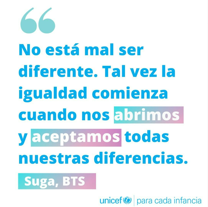 UNICEFargentina's tweet photo. ❤️ Empezá por respeto.
💜 Empezá por la amabilidad.
🧡 Empezá por vos. 

🙌 Gracias #BTS por alzar la voz contra la discriminación e inspirar a los y las jóvenes a entender y valorar la diversidad.

Arrancá el finde dando RT a este mensaje de igualdad ✨

#BTSARMY #Orgullo https://t.co/B65O98V0UR