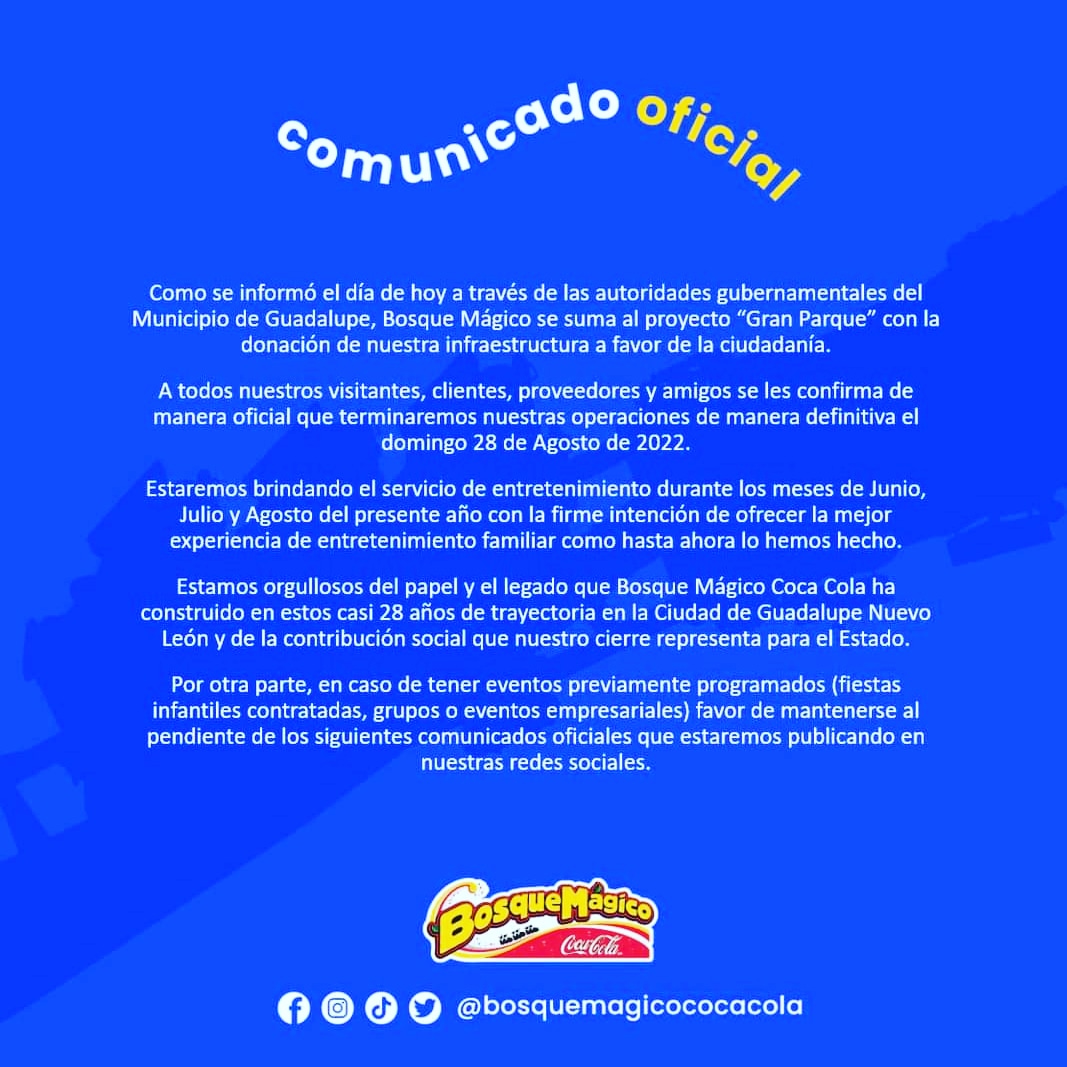 TheCoasterZone's tweet photo. El parque Bosque Mágico, ubicado en Guadalupe, Nuevo León,  anunció su cese definitivo de operaciones el próximo 28 de agosto. Es una muy triste noticia para la industria. @BosqueMagicoCC https://t.co/lV6S4LzRiD
