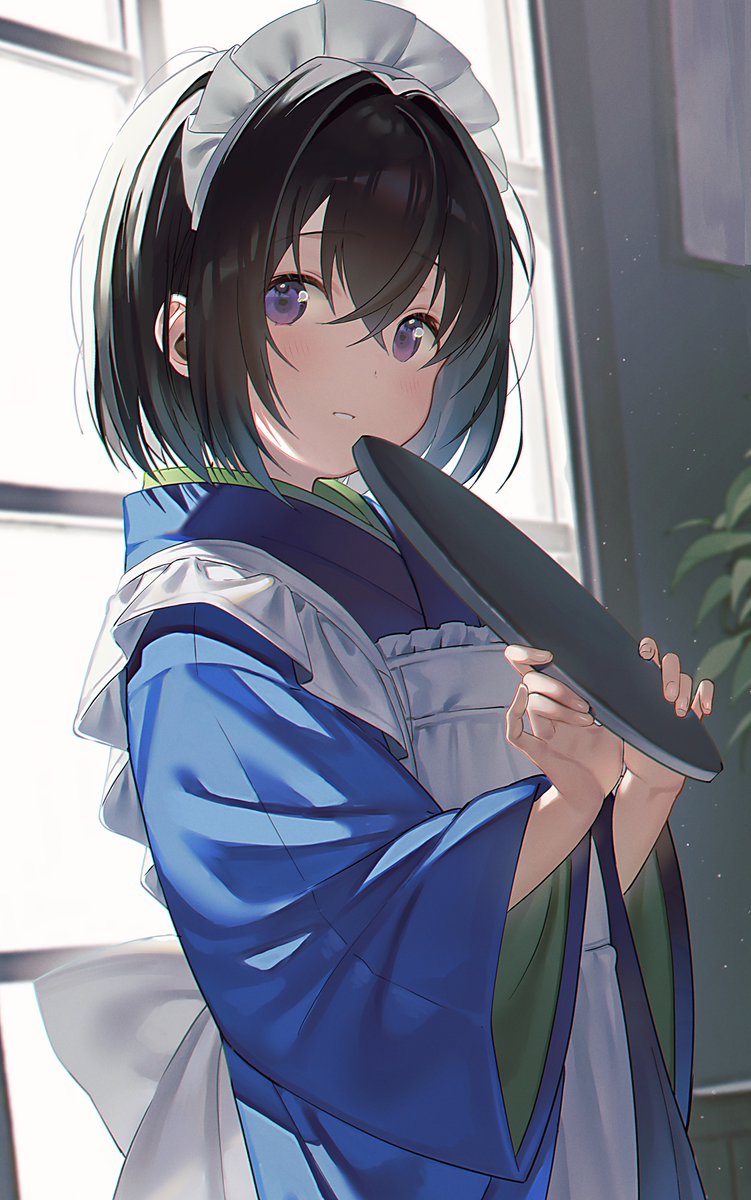 1girl solo japanese clothes holding black hair wa maid kimono  illustration images