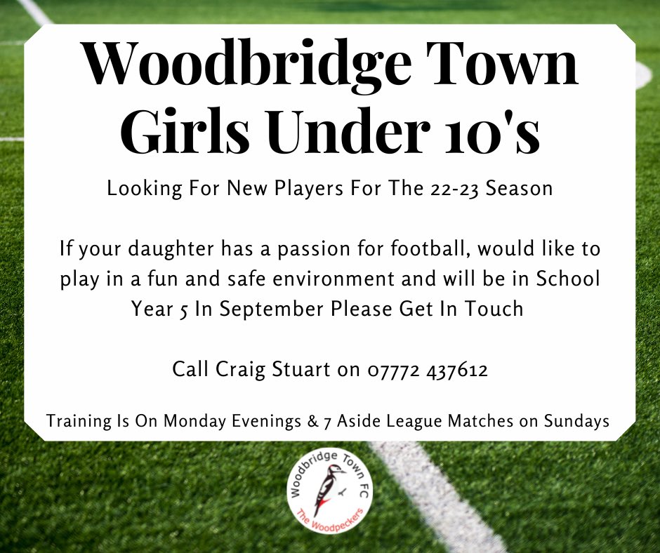 Our Girls Under 10s team are looking for new players for the forthcoming season
<a href="/wtfc_girls/">Woodbridge Town FC - Girls & Little Woodpeckers</a> <a href="/WTLadiesFC/">Woodbridge Town Ladies FC</a> <a href="/wtfc_youth/">WTFC_YOUTH</a> <a href="/SuffolkFA/">Suffolk Football Association</a>