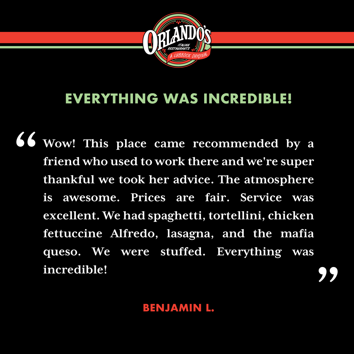 OrlandosItalian's tweet photo. Whether you're from Lubbock or just passing through, Orlando's Italian Restaurant has something for you! We're known for our #GreatService and #TexItalian menu, so stop in and try something new today ππ·π₯ #ALubbockOriginal https://t.co/LiZeY0LtQz
