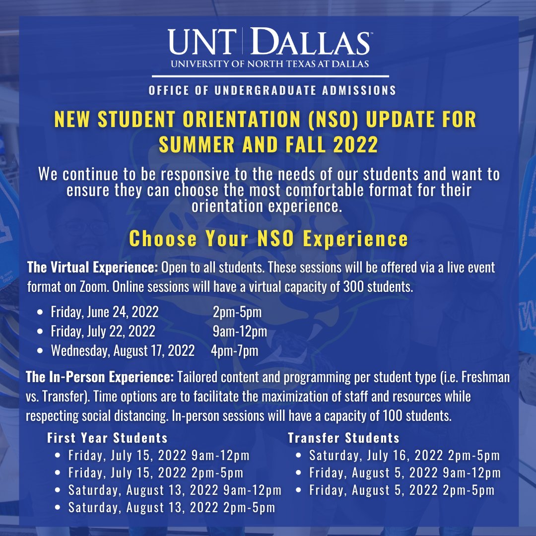 Summer/Fall 2022 Admitted Students: New Student Orientation will be offered in-person and online. Our first orientation is TWO WEEKS away. Reserve your spot today via your myUNTD student portal! Need assistance? Email orientation@untdallas.edu. #UNTDallas #TrailblazerBound