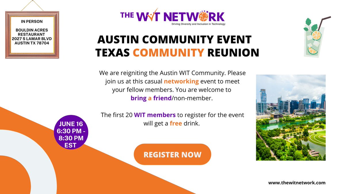 The WIT Network Austin Community is having a reunion and get-together at the Bouldin Acres Restaurant. Please join this casual networking event to meet your fellow members! 

You are welcome to bring a friend/non-member. Details can be found here:  ed.gr/d4cmn
