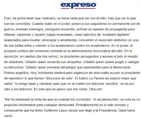 Fragmento de mi columna de este jueves, "No hay que odiar a los ladrones", sobre el propósito del presidente Lasso de evitar que los correístas vuelvan al poder. El texto completo, para suscriptores de <a href="/Expresoec/">Diario Expreso</a>, en este enlace: expreso.ec/opinion/column…