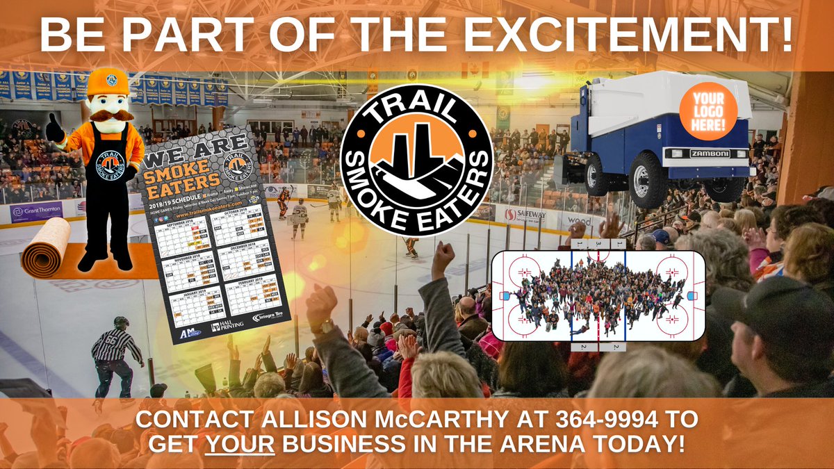 Join the best sports atmosphere in the West Kootenay and have your company featured through a Corporate Partnership! Contact the Smoke Eaters today at 250-364-9994 or email a.mccarthy@trailsmokeeaters.com and ask about our many advertising options! #WeAreSmokeEaters