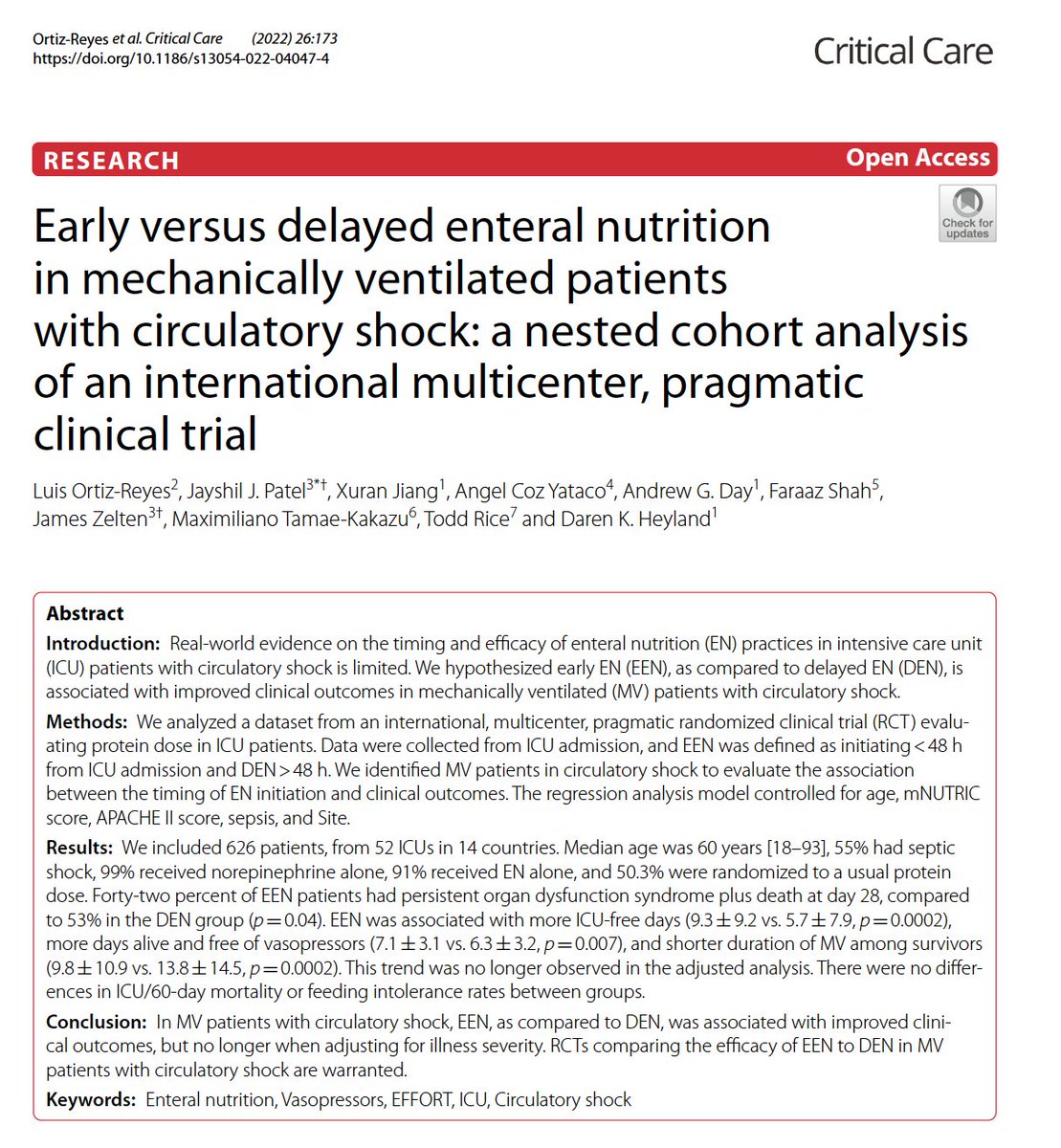 Using worldwide data (52 ICUs in 14 countries), we described EN practices in pts with circulatory shock receiving early or delayed EN. We observed high variability in EN practices, significant differences in calorie delivery, and clinical outcomes ccforum.biomedcentral.com/articles/10.11…