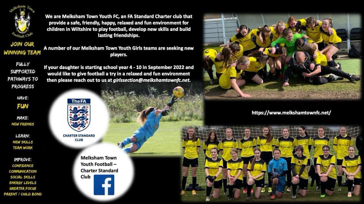 Melksham Town Youth FC are recruiting across a number of our girls teams this Summer. We offer a full pathway through the youth into U18 and open age groups. Reach out to us via this Twitter page or by email to girlssection@melkshamtownfc.net… we’d love to hear from you!