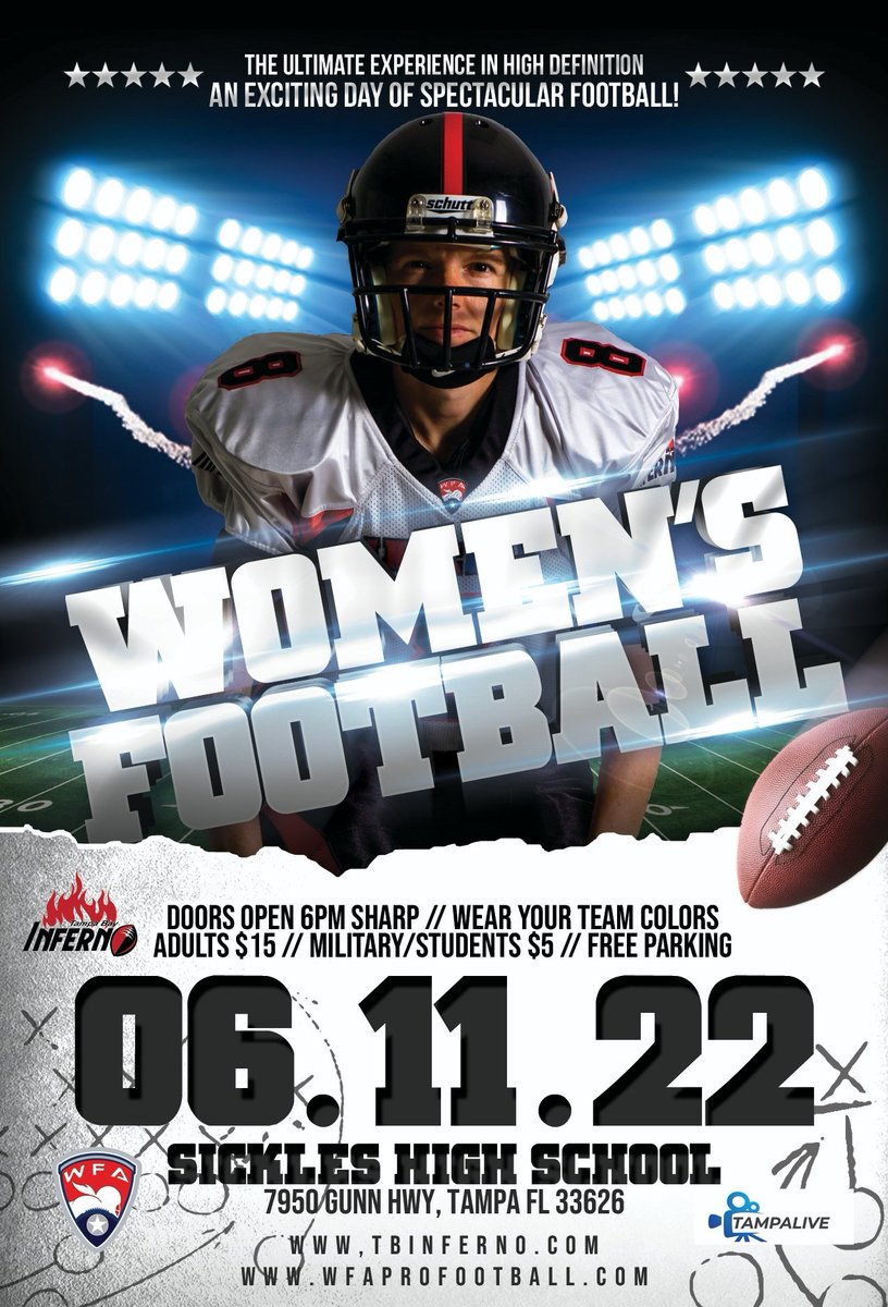 tbinferno's tweet photo. Playoffs Round #1, Tampa vs Pittsburgh, Saturday, June 11th at Sickles High School 7950 Gunn Hwy, Tampa, FL 33626. Kickoff 7 pm! Tickets can be purchased at the gate: Adults $15, Students/Seniors/Military $5 #wfa #IAmInferno #PittsburghPassion @WFAfootball @pghpassionFB https://t.co/CGQJDbhxSM