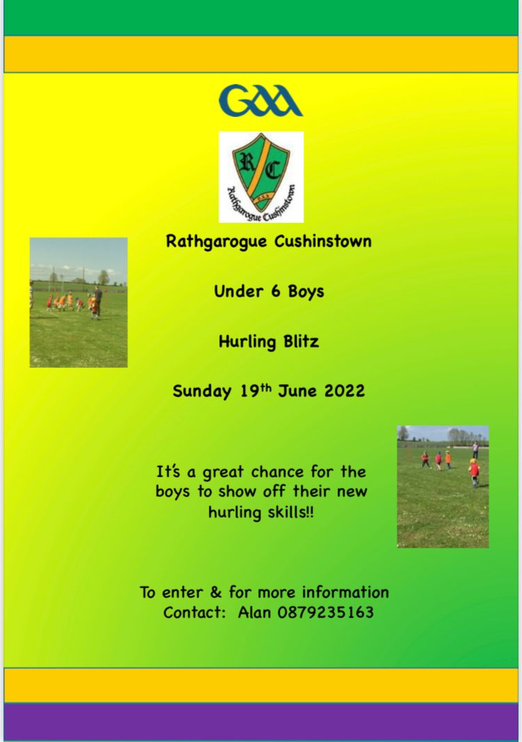 Is your club interested in taking part in an U6 Hurling blitz??
➡️ Sunday 19th June
➡️ Rathgarogue-Cushinstown GAA club
✴️Show off the new skills &amp; have some fun✴️
Contact Alan, details in poster
<a href="/wexgaacoaching/">Wexford GAA Coaching & Games</a> <a href="/OfficialWexGAA/">Wexford GAA</a>
<a href="/Hurling365/">Hurling365</a>