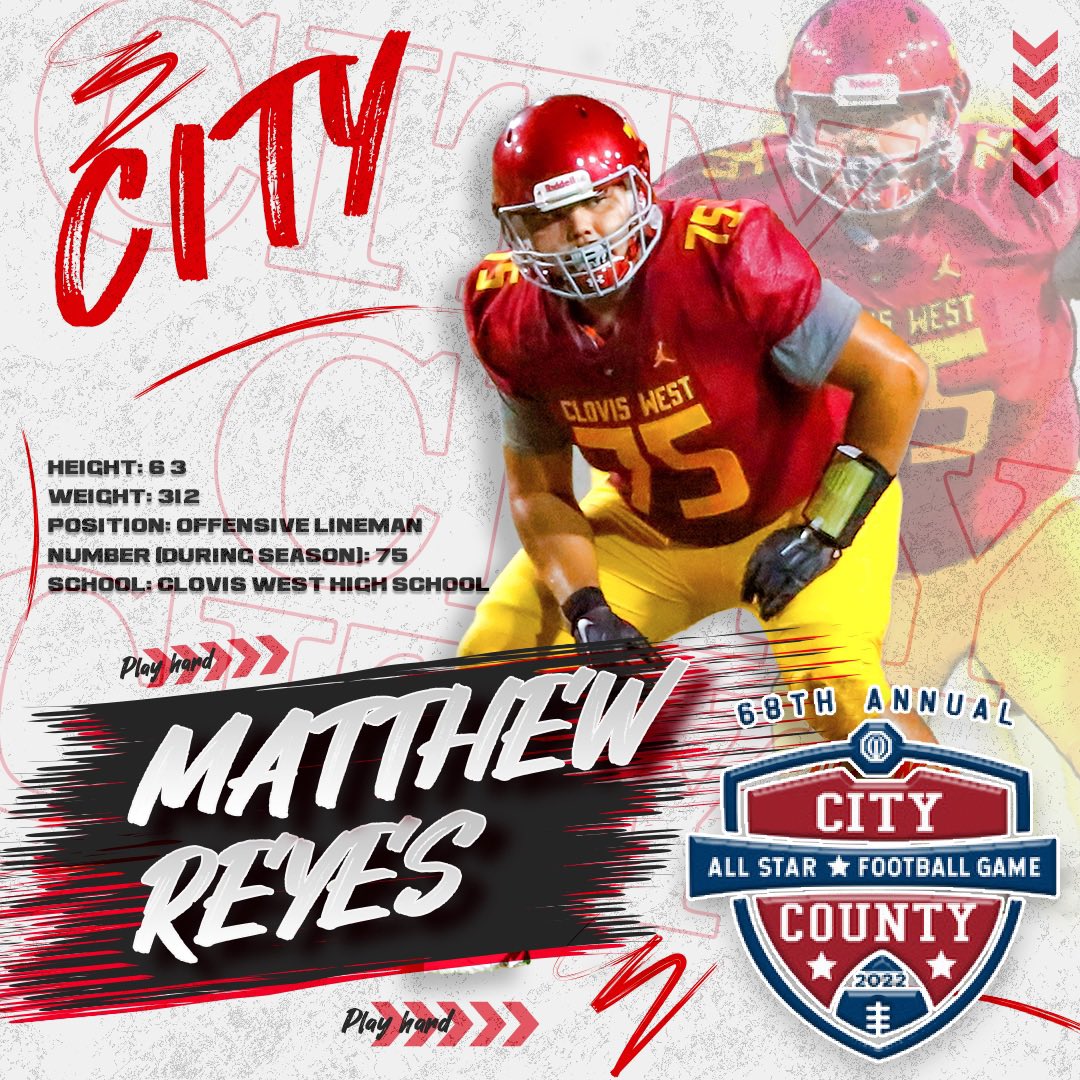 Congratulations Matthew Reyes from Clovis West High School @CW__football for being selected to the CITY team for 68th Annual City / County All-Star game on June 17th, 2022! 

#CityCountyAllStars | #CityCountyAllStarGame