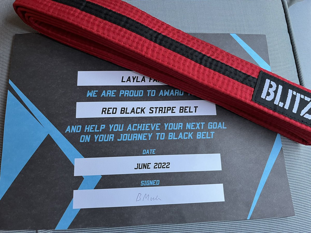 tracy_faruga's tweet photo. @OutwoodCity Laylas smashed it again!! 💪 and now a Red/Black Stripe Belt 🔴⚫️🔴🥊🥋 1 &amp; 1/2 hours of testing 🥵 (she may struggle with rounders in the morning 😂) https://t.co/bZkXjxFoJb