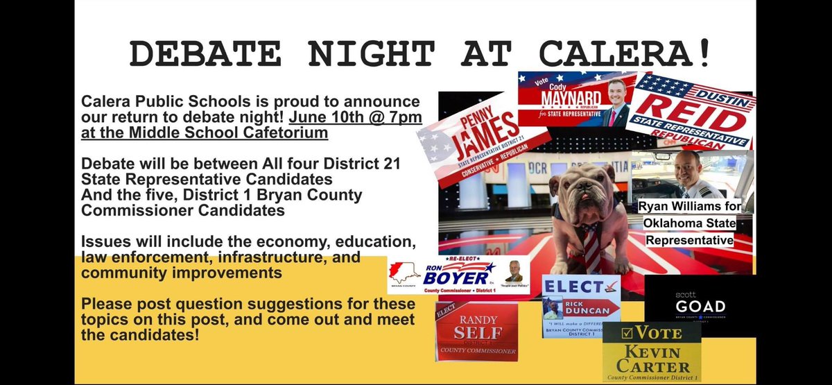 Join my fellow candidates and I tomorrow, Friday, June 10 at 7:00 pm at Calera Public Schools for a Candidate Debate. Learn where each candidate stands on important issues for Oklahoma, so you can cast an informed vote at the Primary Election on June 28. Hope to see you there!