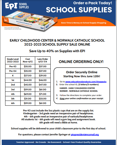 Flyer Parents: Here's a quick reminder that the price of the school supply packs increases after June 12th.  Order soon to take advantage of the reduced rate! The following is the link to order: 
educationalproducts.com/shoppacks/