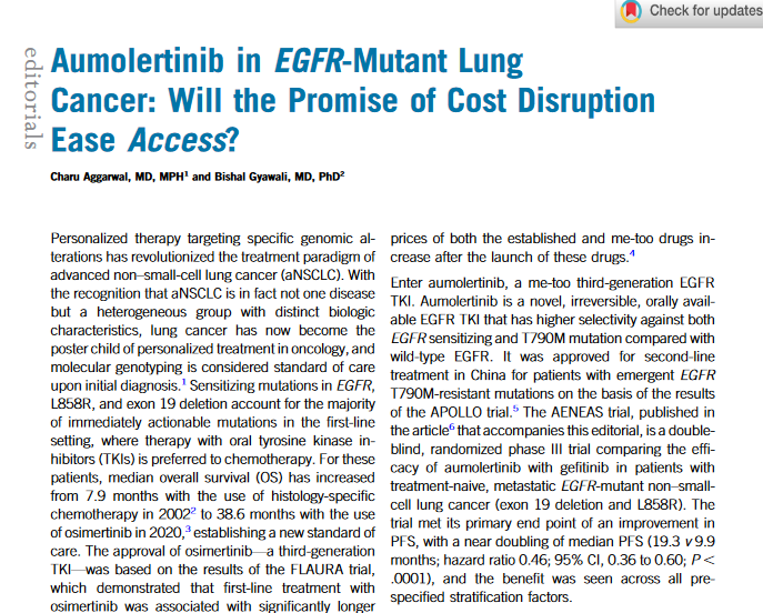 CharuAggarwalMD's tweet photo. Thrilled to see "Aumolertinib in EGFR-Mutant Lung Cancer: Will the Promise of Cost Disruption Ease Access?" in print. We discuss implications for clinical trial design, and cost, and access - with the brilliant @oncology_bg out in @JCO_ASCM #LCSM
https://t.co/TAEClcTx2E https://t.co/ogrJynaQds