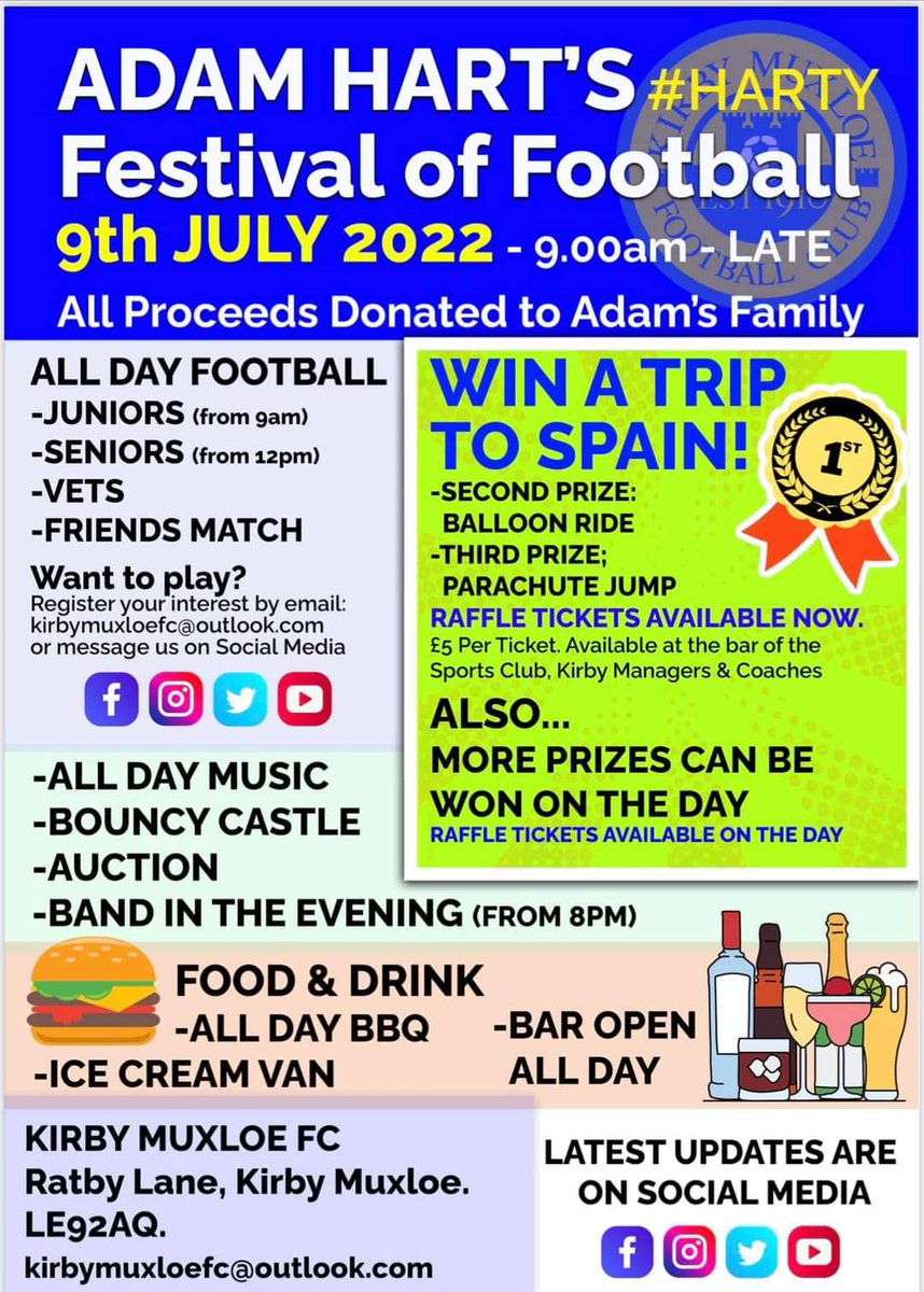 WIN A TRIP TO SPAIN!
Get the 9th of July in your diary for this great day of football and entertainment, including massive prizes for an exceptional cause! More updates coming soon. #harty