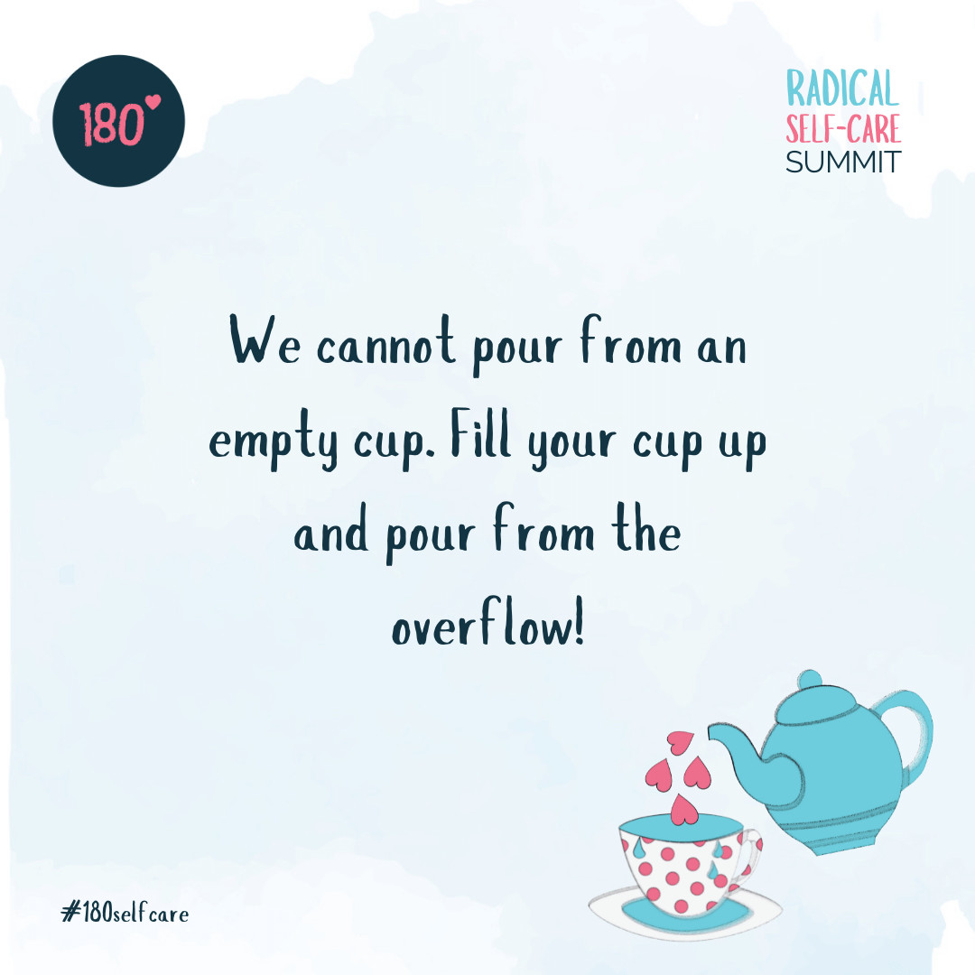 My biggest lesson as I reach my one year mark 🥳🎉 in practising radical self-care: You cannot pour from an empty cup! 

Fill your cup up from June 24 to 26 at the Radical Self-care Summit 2022. Grab your free ticket. #180selfcare #selfcare

==> 180selfcare.com/radical-self-c…