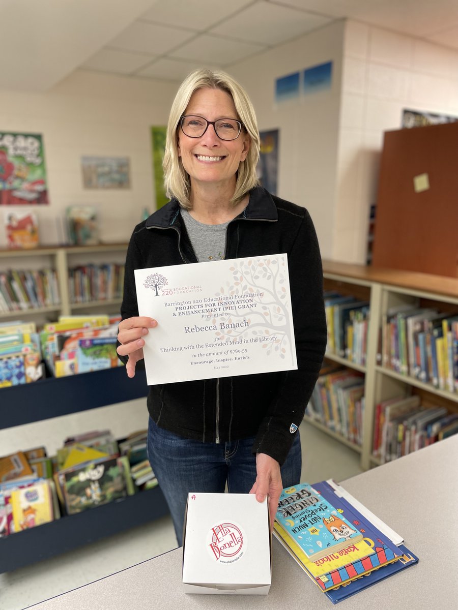 Barrington220EF's tweet photo. Next stop for PIE Grant surprises -- Grove Ave Elementary! Congrats to Librarian Rebecca Banach on her Thinking with the Extended Mind in the Library. Trustee Jessie Erickson was thrilled to present the grant. #EF220 @barrington220 @GroveAve220 https://t.co/RtJzdF1QKX
