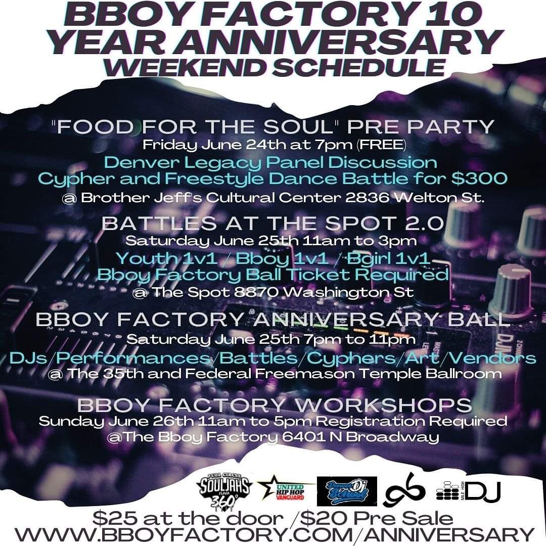 ToolsofWarJams's tweet image. Denver! Get ready for the @BboyFactory 10 Year Anniversary from June 24th - 26th! So many special guests coming including GrandWizzard Theodore @djdpone @asia1nep @fullcirclesoul and more!  bboyfactory.com/event-details/…