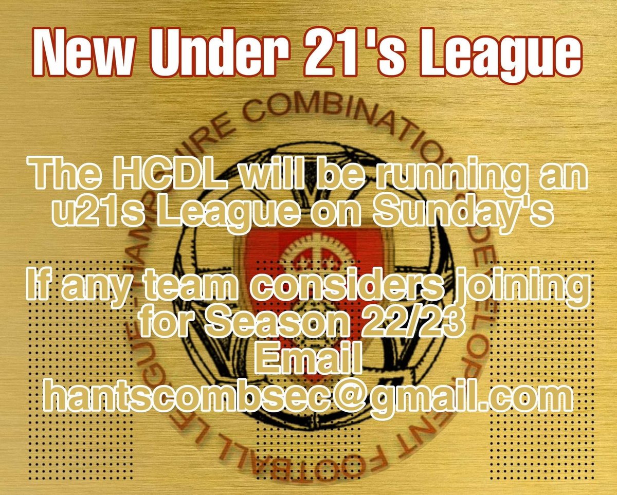 Hampshire Combination & Development League (@hantscombleague) on Twitter photo The @wyverncombfl are pleased to announce a new initiative for season 22/23 an U21s Sunday League
If you are considering entering an U21s team email: hantscombsec@gmail.com for further information The @wyverncombfl are pleased to announce a new initiative for season 22/23 an U21s Sunday League
If you are considering entering an U21s team email: hantscombsec@gmail.com for further information