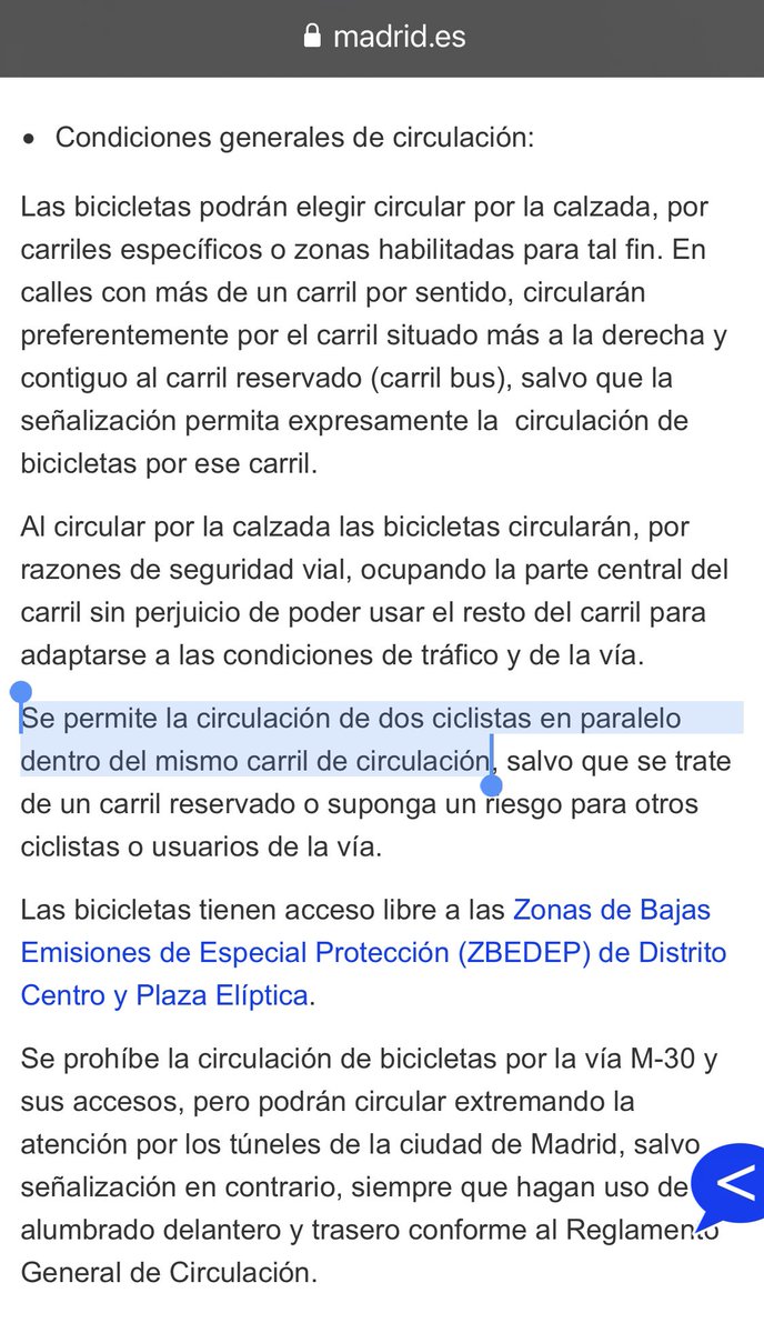 Hola <a href="/EMTmadrid/">EMT Madrid</a>
Hoy uno de vuestros conductores (línea 127, autobús 2331 a su paso por Reina Victoria a las 21:30) nos ha increpado por ir en bici en paralelo. Por más que le hemos dicho que la ordenanza lo permite insistía en que no. Quizás le podías proporcionar una copia