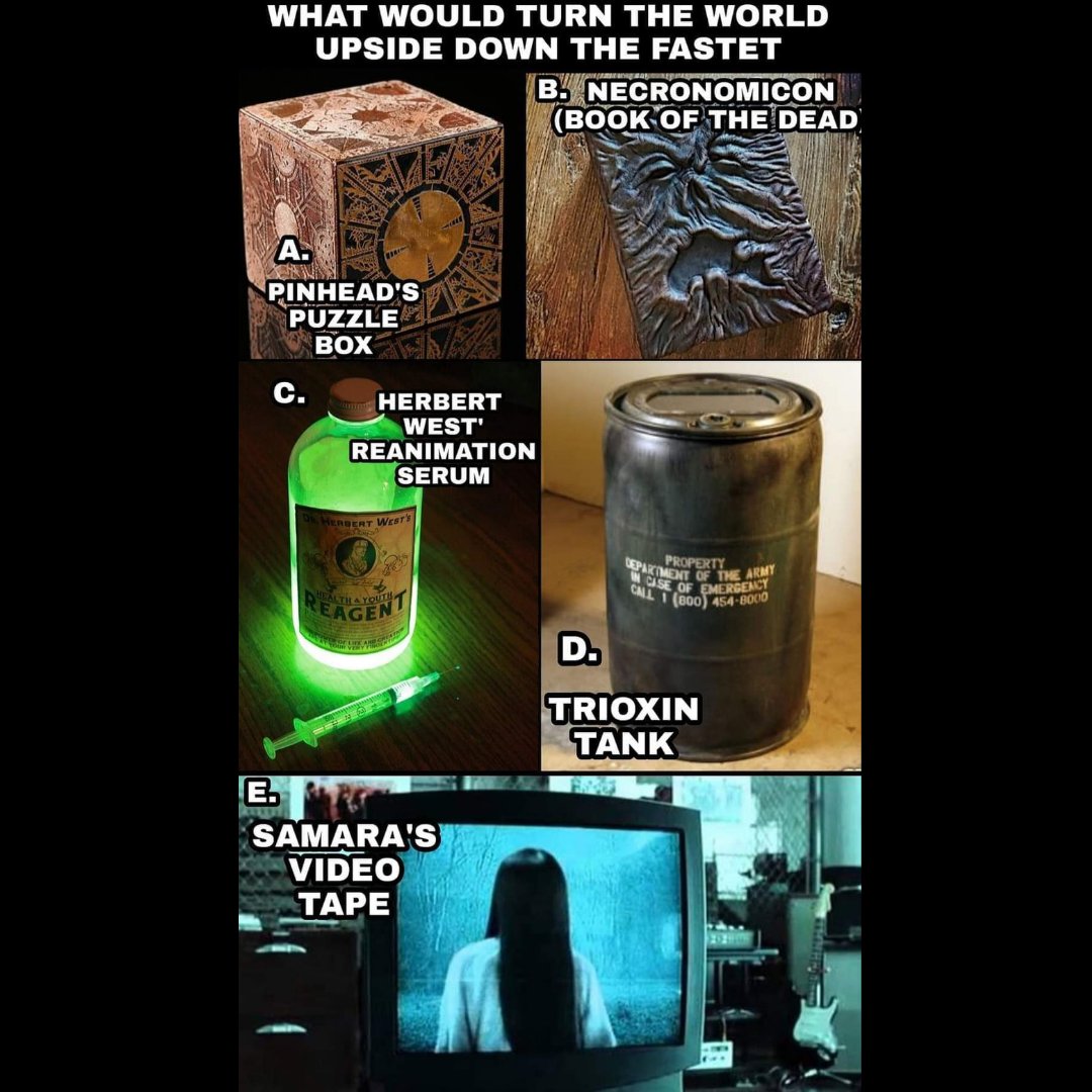 AshySlasheeDB's tweet photo. Make your choice!

#HorrorFam #HorrorMovies #EvilDead #Thringstone #ReturnoftheLivingDead #Hellraiser #Reanimator https://t.co/jzo3edRIM0