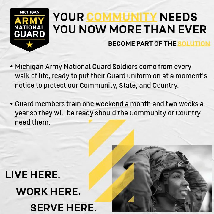 MIArmyGuard's tweet photo. Become part of the solution and serve your Community, State, and Country.
.
Are you ready: Links in bio
.
#miarmyguard #Miarng #miguard #minationalguard #nationalguard #goguard #guardstrong #guardsmart #comment #like #follow #community #state #country #solution #part #livehere https://t.co/0vC5m41YjT
