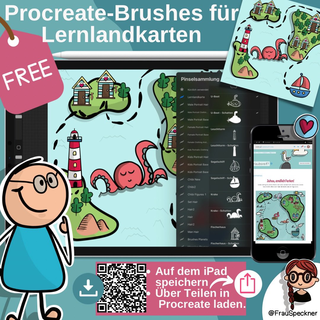 Hier nun das Tutorial zu Procreate und den Lernlandkarten. Damit es am Anfang leichter geht, habe ich Brushes (Stempel) für euch entworfen. Hiermit stempelt ihr einfach Elemente auf und malt sie anschließend aus.  #pcedu 1/🧵