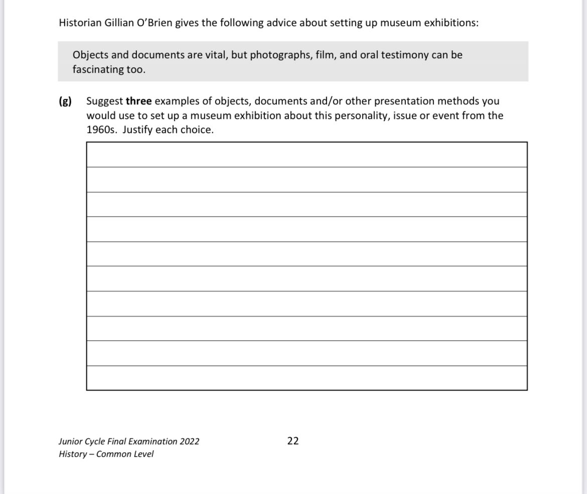 I’ve arrived! Name checked in today’s Junior Cert History paper. Also delighted to see public history, museums & a range of sources being flagged up in the JC. #juniorcert #juniorcerthistory #exams #ireland #stateexam #museums #history #sources #publichistory #History #histedchat