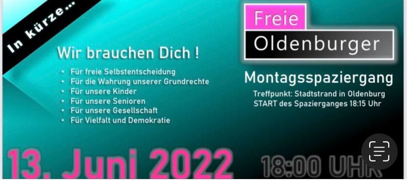 querdenken441's tweet photo. 🚨 #SaveTheDate 📅:
🚶🚶🚶🏻♀️#Montagsspaziergang🚶🏿♀️🚶🏼♂️🚶🏻♀️ von #freieOldenburger (@FreieOldenburg) wieder am #OL1306, 18.00 Uhr, Stadtstrand in #Oldenburg. https://t.co/bmXOeURSQX
