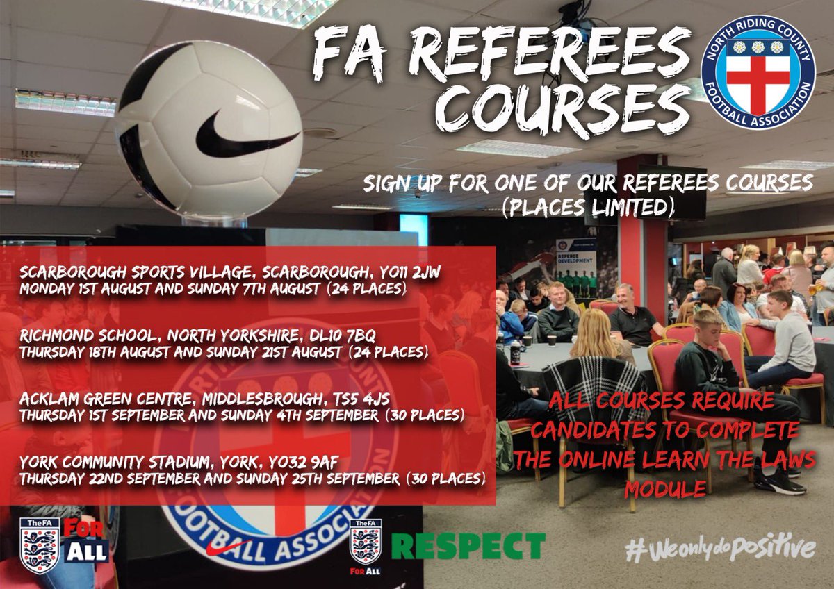 YOUR NEXT STEPS...

Interested in one of our FA #RefereeCourses?

Please visit our website for everything you need to know about the Learn The Laws Module, #Safeguarding requirements and DBS info ⬇️

bit.ly/3H3Enci