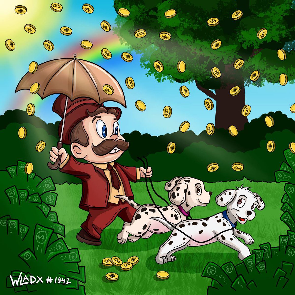 Hello everyone, rate my first work.  Ricci on a walk with his pets in the rain.
@ragstorichienft #RagstoRichie