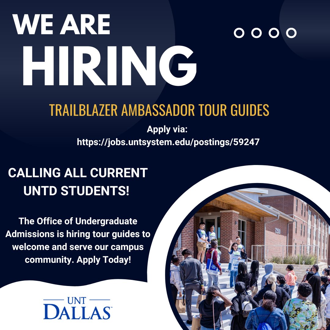 As a Trailblazer Ambassador tour guide, you will welcome prospective and current students &amp; families, represent UNT Dallas, and have fun! Apply Today! jobs.untsystem.edu/postings/59247
#TrailblazerAmbassador #UNTDallas #UNTDTours