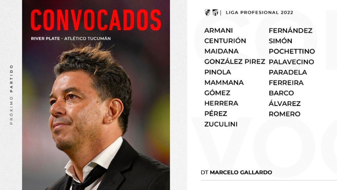 Convocados para enfrentar a Atlético Tucumán en casa el sábado.

📸
<a href="/RiverPlate/">River Plate</a>
