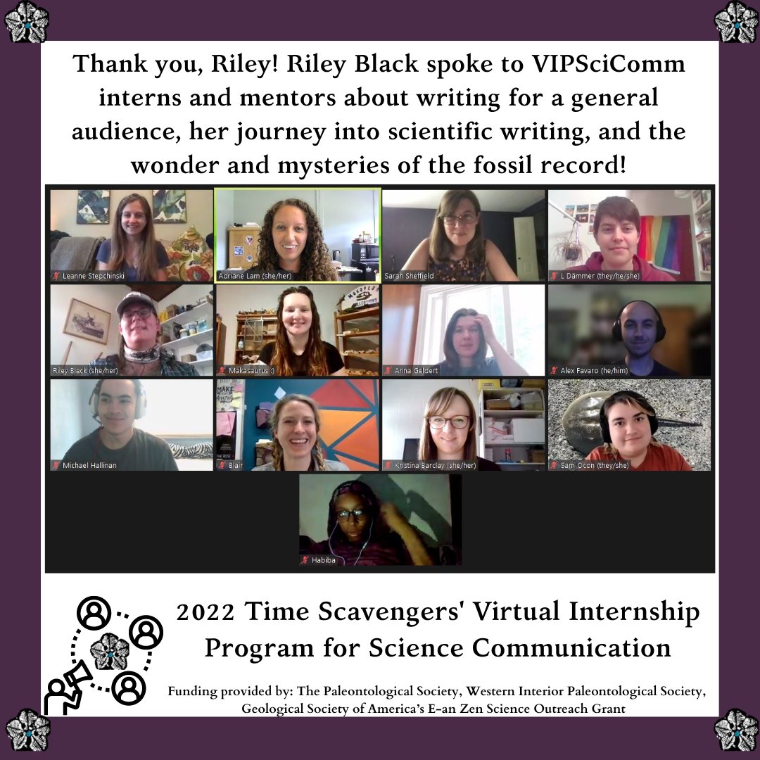 Time Scavengers (@timescavengers) on Twitter photo The VIPSciComm mentors and interns had a wonderful time with today's speaker, <a href="/Laelaps/">Riley Black 🦕🏳️⚧️</a>! Thank you so much for a wonderful presentation and chat, Riley! The VIPSciComm mentors and interns had a wonderful time with today's speaker, <a href="/Laelaps/">Riley Black 🦕🏳️⚧️</a>! Thank you so much for a wonderful presentation and chat, Riley!