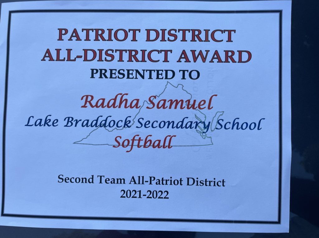 Radha Samuel | 2025 (@radha_samuel18) on Twitter photo Year one, done. Iโm proud to say that <a href="/lb_softball/">Lake Braddock Softball</a> made it all the way to the state quarters! Finished the season with my first varsity letter with an academic excellence stamp, a 2nd team all district award, and my first HS season! Thanks to Coach Knapp and @CoachKristiL as well Year one, done. Iโm proud to say that <a href="/lb_softball/">Lake Braddock Softball</a> made it all the way to the state quarters! Finished the season with my first varsity letter with an academic excellence stamp, a 2nd team all district award, and my first HS season! Thanks to Coach Knapp and @CoachKristiL as well