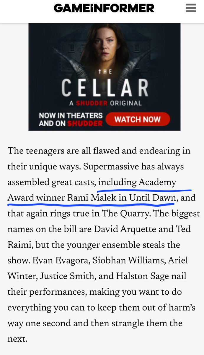 Eye_Got_Chuu1's tweet image. Was reading through some The Quarry reviews, apparently Academy Award Winner Rami Malek was in Until Dawn. Did you know Academy Award Winner Rami Malek was in Until Dawn? @Ecdycis