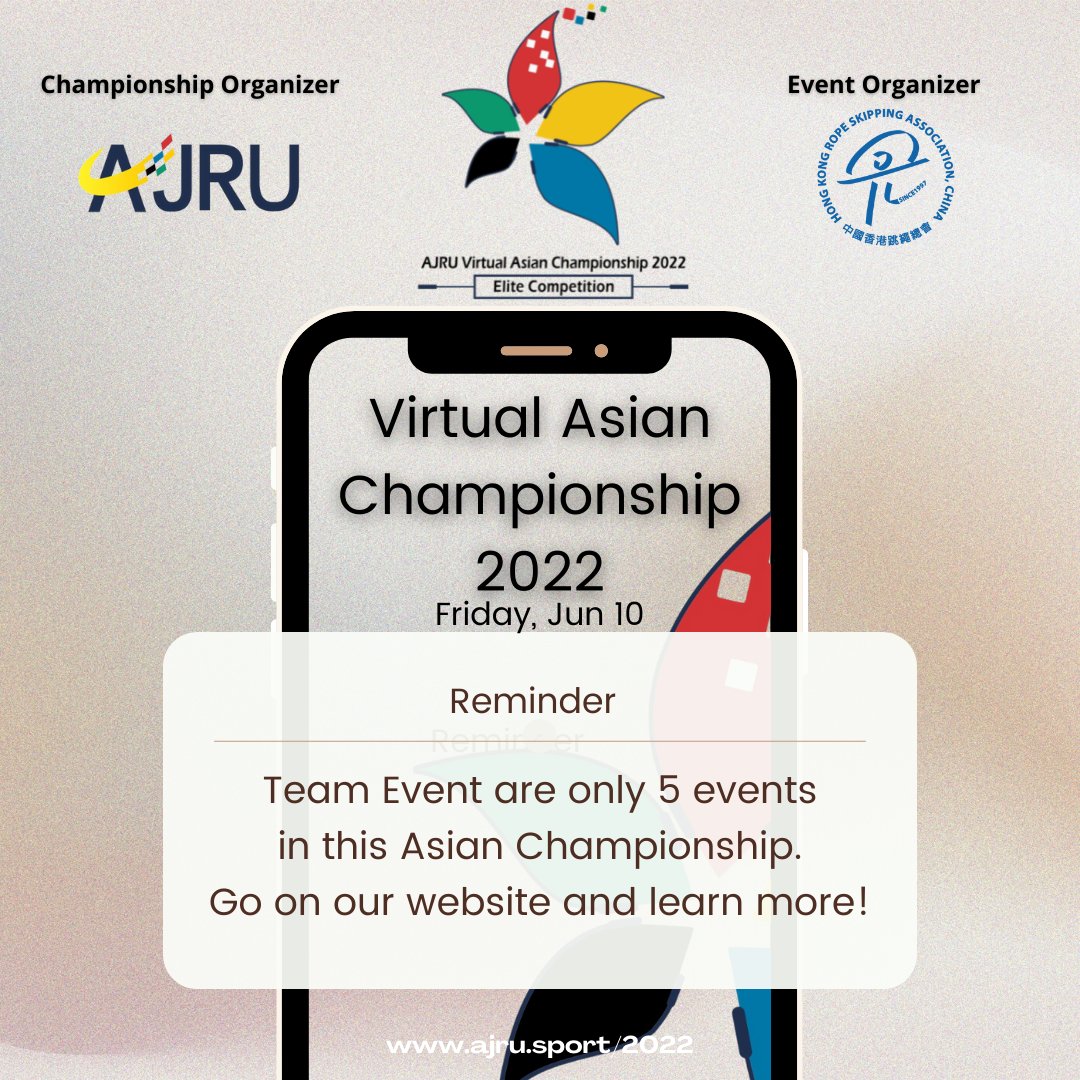 Have you read the championship circular? Did you notice that there are some differences in the team event? Due to Covid-19 and it is the first time organized by AJRU, the Asian Championship will only have 5 team events. Click the link for more details! ajru.sport/ajru2022/
