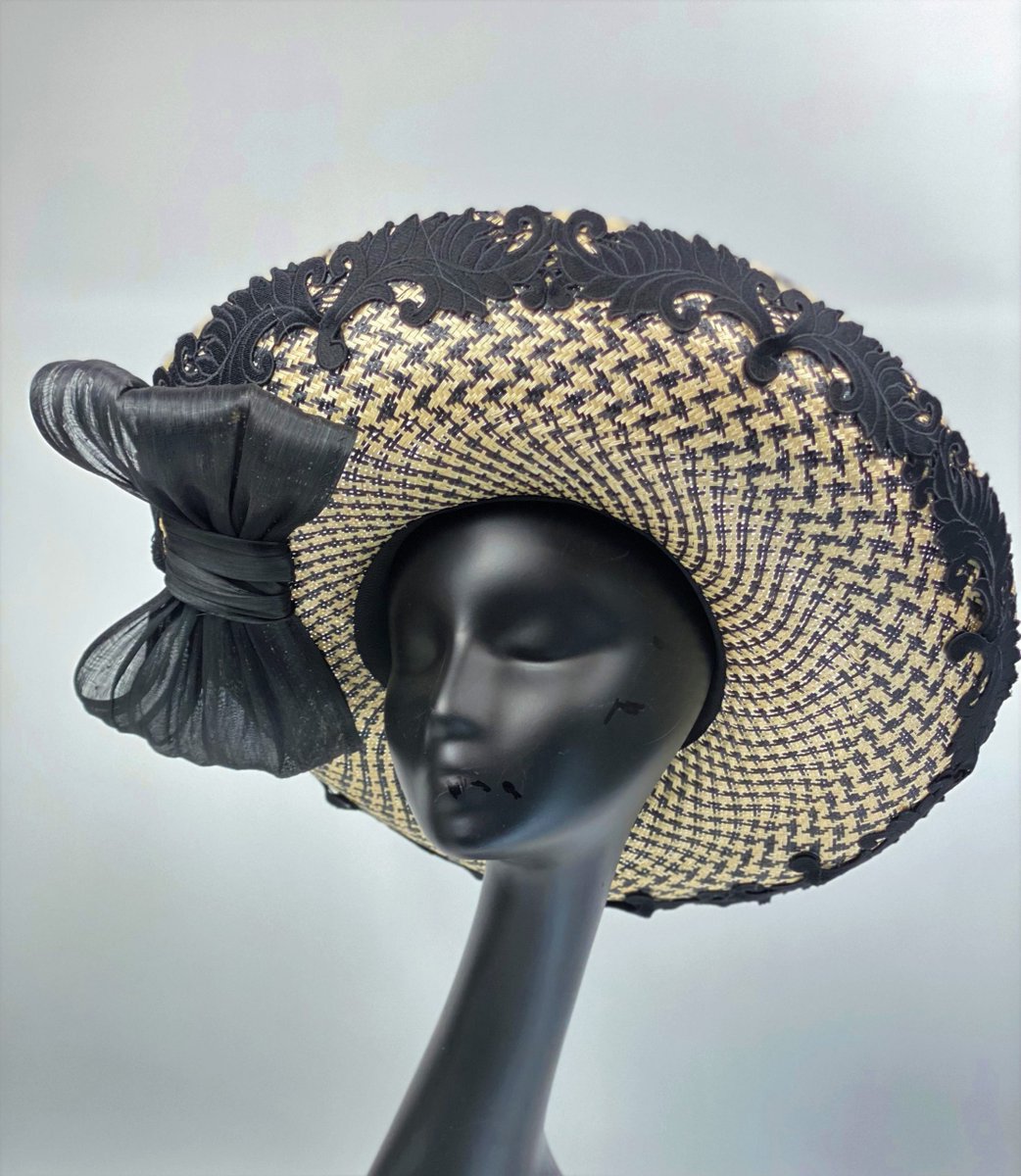 hatporium's tweet photo. Paloma // Black and Cream Check Straw Breton from @dezignzbymaree Brim is very wide and trimmed with Black 3d Guipure Lace, Black Swiss Straw and a Black Silk Abaca Bow. #millinery https://t.co/lgNAokYlqU https://t.co/8MAxoYue4o